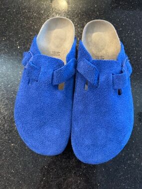 Birkenstock Royal Blue Suede Slip-On Clogs. Never worn.